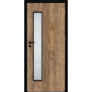 Nowoczesne drzwi wewnętrzne z efektem drewna i szklanym wycięciem. Idealne do stylowych wnętrz.