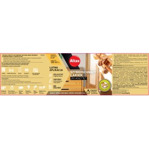 Etykieta Altax szybkoschnącego lakieru do wnętrz. Ochrona drewna i łatwa aplikacja.