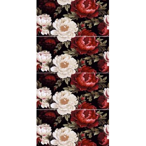 t.b.t. Element dekoracyjny z kwiatowym wzorem w kolorze czerwonym i białym na czarnym tle.