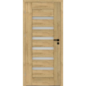 Drzwi wewnętrzne w kolorze drewna z szybami, czarny uchwyt.