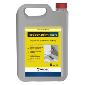 Głęboko penetrujący grunt Weber.prim Start w 5 kg kanistrze. Zwiększa przyczepność i zmniejsza chłonność.