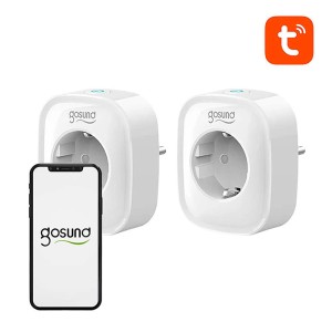 Dwa białe gniazdka Gosund Smart Home ze smartfonem do sterowania domem.