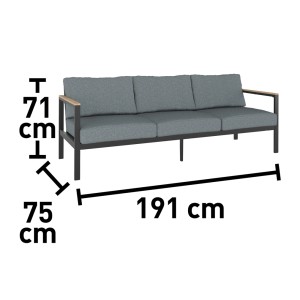 Zdjęcie przedstawia wymiary zestawu mebli ogrodowych t.b.t.: 191 cm szerokości, 71 cm wysokości, 75 cm głębokości.