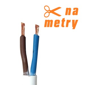 Biały przewód giętki H03VV-F 2x0,75 sprzedawany na metry, z brązowym i niebieskim przewodem.