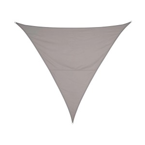 Trójkątna, szara markiza t.b.t. do ochrony przed słońcem w ogrodzie.