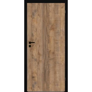 Drzwi wewnętrzne t.b.t. z efektem drewna i czarną ościeżnicą.
