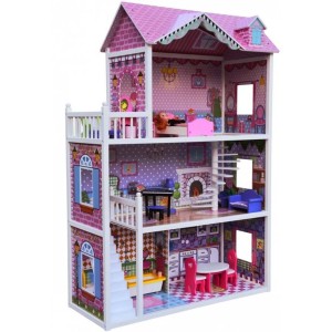 Drewniany domek dla lalek, trzypiętrowy, różowy dach, z meblami. Gry i zabawy dla dzieci.