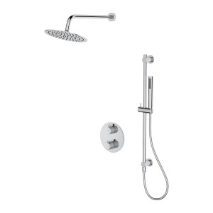Chromowany zestaw prysznicowy z deszczownicą, słuchawką i termostatem.