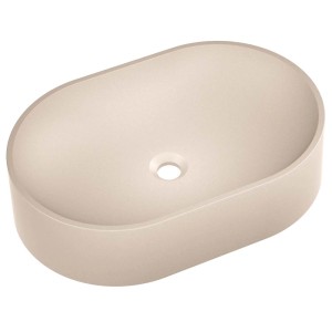 Owalna umywalka nablatowa w kolorze beżowym, nowoczesny design łazienki.
