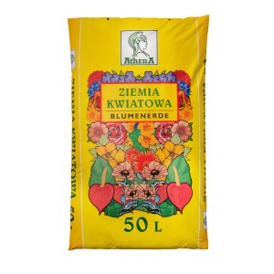 Żółty worek ziemi kwiatowej (50L) z motywem kwiatowym do ogrodu i na balkon.