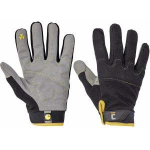 Rękawice robocze t.b.t. w kolorze szarym i czarnym, wzmocnione dłonie.