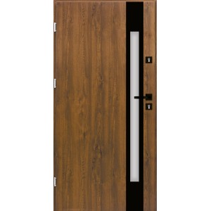 Nowoczesne drzwi zewnętrzne z efektem drewna, czarnym akcentem i wąskim oknem.