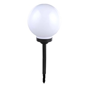 Biała lampa solarna w kształcie kuli do ogrodu lub na ścieżkę.