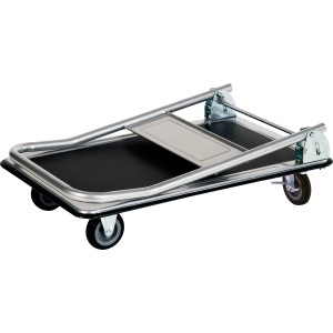 Złożony wózek platformowy ze stalową ramą, gumową powierzchnią i czterema kołami. Nośność 150 kg.