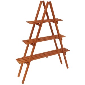 Drewniany stojak na kwiaty z trzema półkami na rośliny w ogrodzie lub na balkonie.