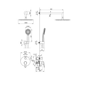 Rysunek techniczny zestawu prysznicowego z głowicą deszczową, słuchawką prysznicową i armaturą z wymiarami.