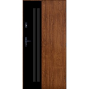 Nowoczesne drzwi zewnętrzne z efektem drewna i czarnymi akcentami.
