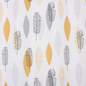 Dekoracyjna zasłona w abstrakcyjny wzór liści w kolorze żółtym, szarym i czarnym.