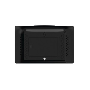 Widok z tyłu czarnej stacji pogodowej t.b.t. z uchwytem ściennym.