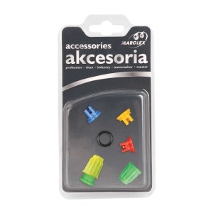 Zestaw akcesoriów do opryskiwaczy: Dysze w kolorze niebieskim, żółtym, czerwonym, zielonym i pierścień uszczelniający.