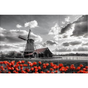 Dekoracyjny obraz na ścianę: Czarno-biały wiatrak z czerwonymi tulipanami na pierwszym planie.