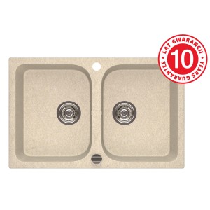 Beżowy zlewozmywak granitowy t.b.t. z dwoma komorami i 10-letnią gwarancją.