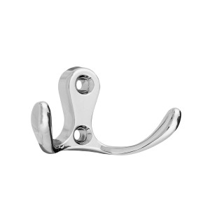 Chromowany wieszak t.b.t. z dwoma haczykami do montażu na ścianie.