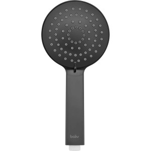 Czarna słuchawka prysznicowa do zestawów prysznicowych o okrągłym kształcie.