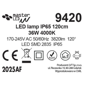 Master LED Lampa 36W 4000K 3820lm IP65 120 cm biała