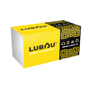 Płyty styropianowe Lubau, żółte opakowanie z logo i wzorami.