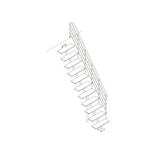 Szkic schodów wewnętrznych z metalową poręczą i stopniami.