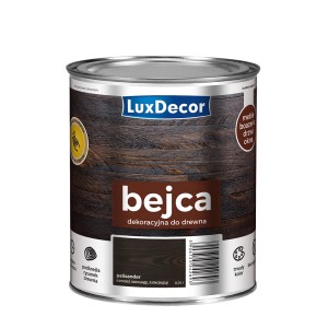 Ciemna bejca do drewna LuxDecor w metalowym wiadrze. Idealna do mebli, drzwi i boazerii.