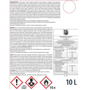 Etykieta puszki 10L farby antykorozyjnej t.b.t. z ostrzeżeniami i informacjami o producencie.
