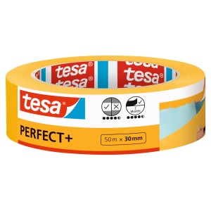 Żółta taśma malarska tesa® Perfect+ (50 m x 30 mm) do ostrych krawędzi.