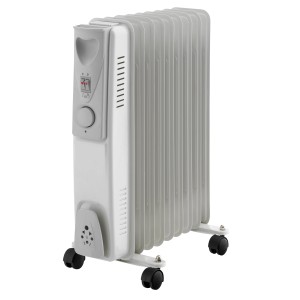 Biały grzejnik olejowy t.b.t. z kółkami do ogrzewania elektrycznego.
