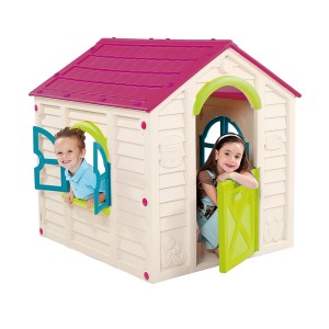 Kolorowy domek do zabawy t.b.t. dla dzieci z różowym dachem i dwójką bawiących się dzieci.