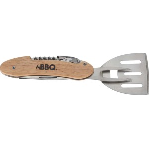 Zestaw przyborów do grilla BBQ ze szpatułką, korkociągiem i otwieraczem do butelek.