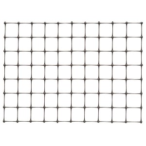 Kwadratowa, czarna siatka do pnączy jako pomoc ogrodnicza.