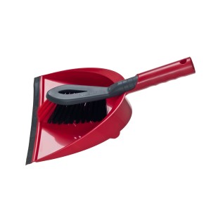 Zestaw Vileda Superfeger 2w1: szufelka i zmiotka, czerwony, z gumową krawędzią i włosiem 2w1 do optymalnego czyszczenia.