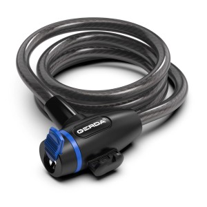 Czarna blokada rowerowa t.b.t. z kablem spiralnym i niebieskim detalem.