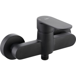 Czarna bateria prysznicowa t.b.t. do montażu ściennego.