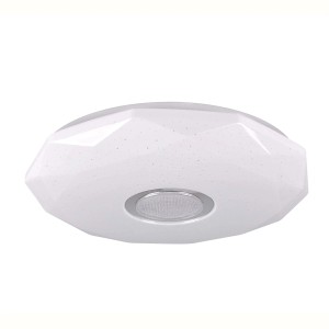 Biały plafon LED t.b.t. o geometrycznym wzorze z centralnym elementem oświetleniowym.