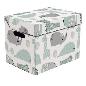 t.b.t. Kartonowe pudełko ze zwierzęcym wzorem w kolorze szarym i zielonym.