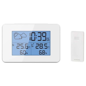 Biała stacja pogodowa t.b.t. z wyświetlaczem i czujnikiem zewnętrznym. Pokazuje temperaturę, wilgotność i prognozę pogody.