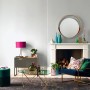 Stylowy salon z kolorowymi akcentami i farbami do ścian. Przytulna atmosfera z nowoczesnym designem.