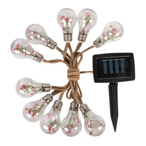 Solarny łańcuch świetlny t.b.t. z żarówkami i delikatnymi różowymi kwiatami.