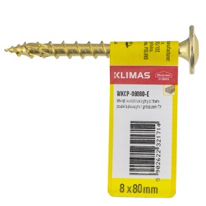 Złota śruba do drewna z żółtą etykietą marki Klimas.