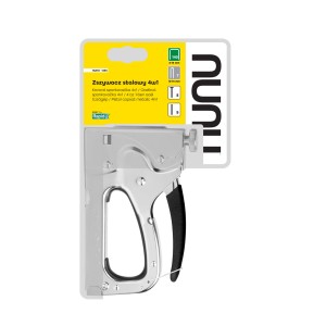 Zszywacz ręczny t.b.t., srebrny z czarną rączką.