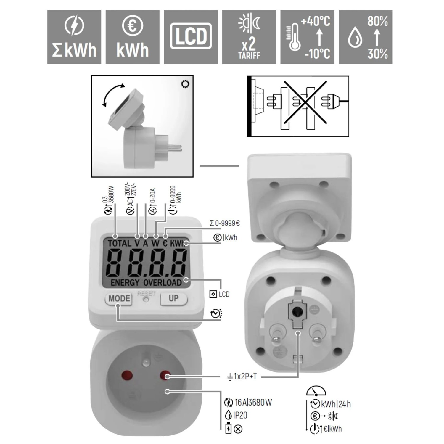t.b.t. Licznik energii elektrycznej z wyświetlaczem LCD do gniazdka.