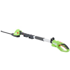 Akumulatorowe nożyce do żywopłotu t.b.t. z teleskopowym uchwytem do wysokich żywopłotów, zielono-czarne.